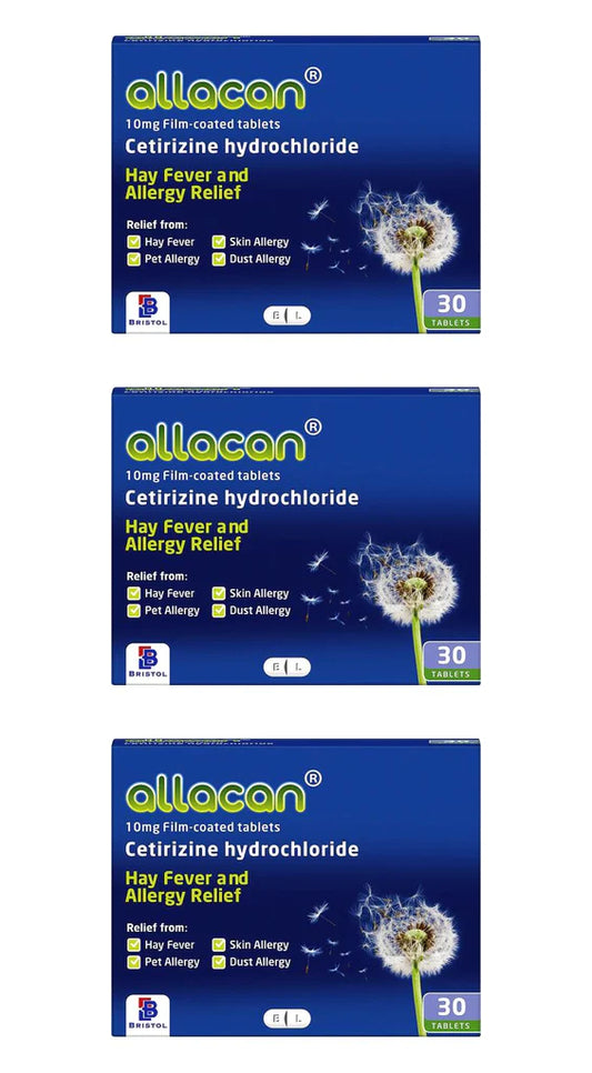 90 TABLETS ALLACAN CETIRIZINE HAYFEVER & ALLERGY TABLETS (3 MONTH SUPPLY)